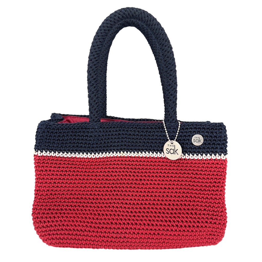 The Sak Womens Medium Crochet Tote Red Navy Colorblock Handbag Nautical Coastal